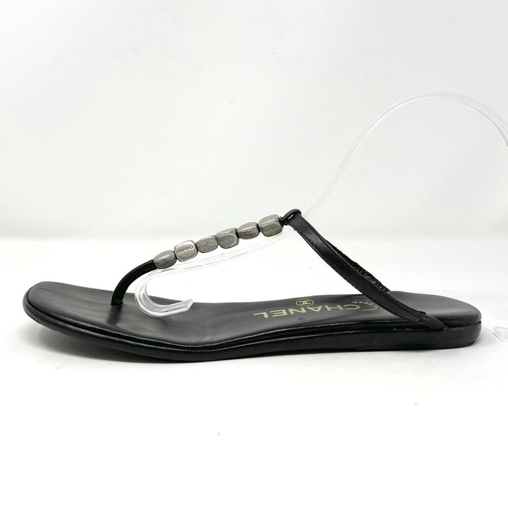 Chanel Black Leather CC Logo Flat Thong Sandals 36.5 Vintage - Picture 2 of 10